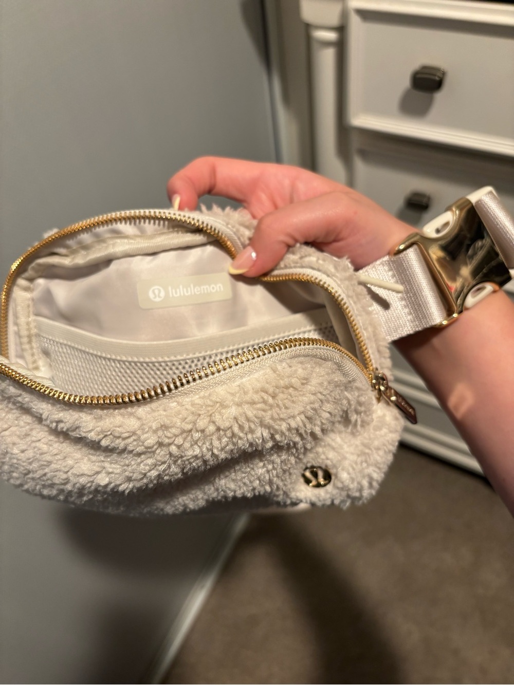 lululemon Cream Sherpa Crossbody Belt Bag with Gold Hardware